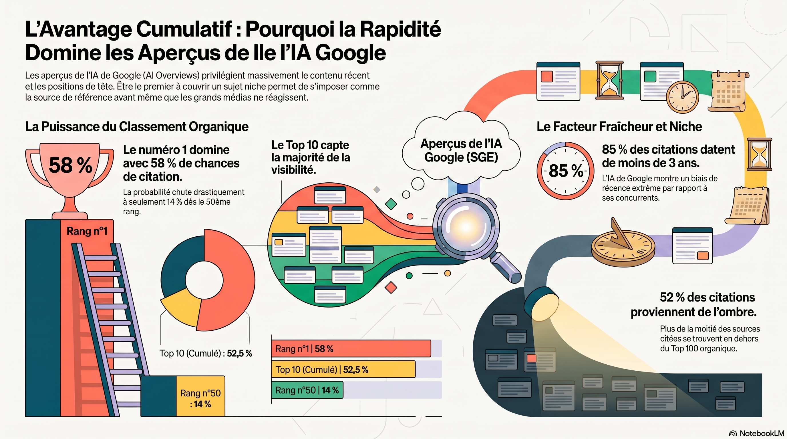 Infographie du manuel de vitesse pour la niche : un petit site surveille des milliers de feeds RSS, note la pertinence, rédige dans sa voix et publie en premier, transformant la vitesse en un rempart d'autorité qui se cumule requête après requête