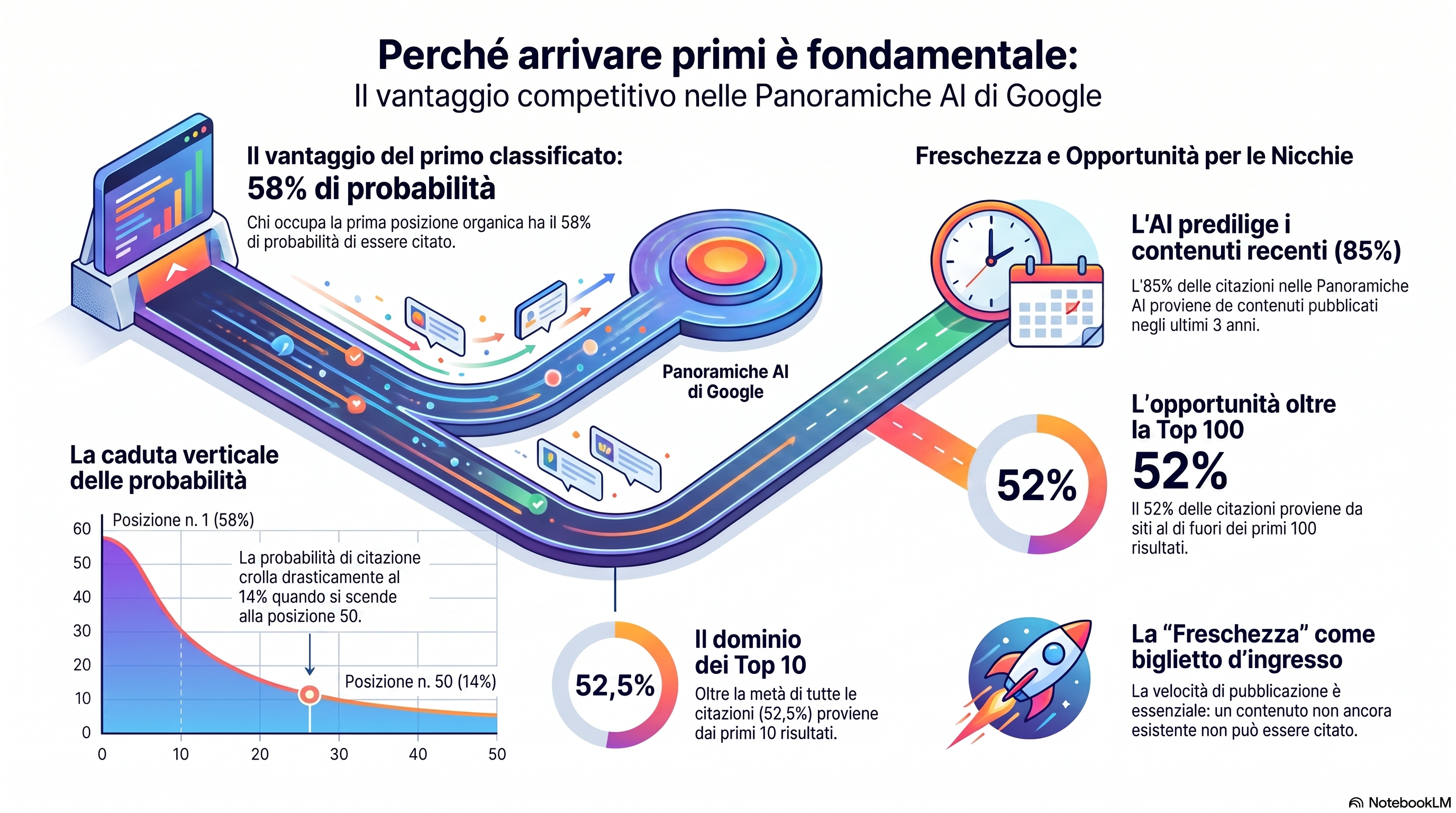 Infografica sul perché essere i primi ha un effetto cumulativo: le probabilità di citazione nell'AI Overview scendono dal 58% in posizione 1 al 14% al rank 50, il 52,5% delle citazioni proviene dai primi 10 risultati, l'85% delle citazioni AI Overview di Google è degli ultimi tre anni, e il 52% proviene da fuori dei primi 100