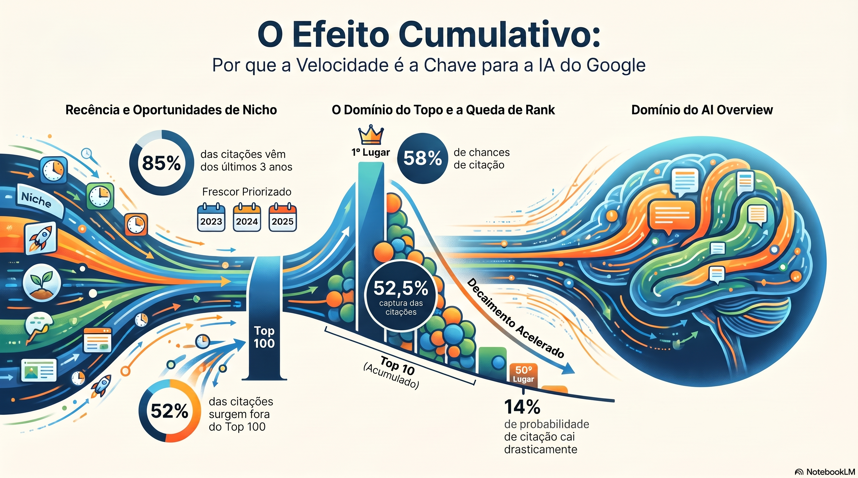 Infográfico sobre por que ser o primeiro tem efeito cumulativo: as chances de citação no AI Overview caem de 58% na posição 1 para 14% no rank 50, 52,5% das citações vêm do top 10, 85% das citações do AI Overview do Google são dos últimos três anos, e 52% vêm de fora do top 100