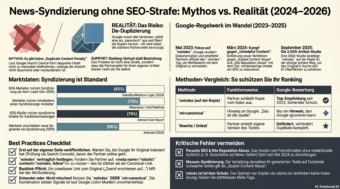Infografik: das Playbook für sichere Syndizierung, das die Reihenfolge der Schritte zeigt, vom Veröffentlichen des Originals zuerst und Bestätigen der Indexierung, über das Hinzufügen eines noindex-Tags durch den Partner, das Verlangen eines Rücklinks bis zum Festhalten der Bedingungen in einer Syndizierungs-Vereinbarung