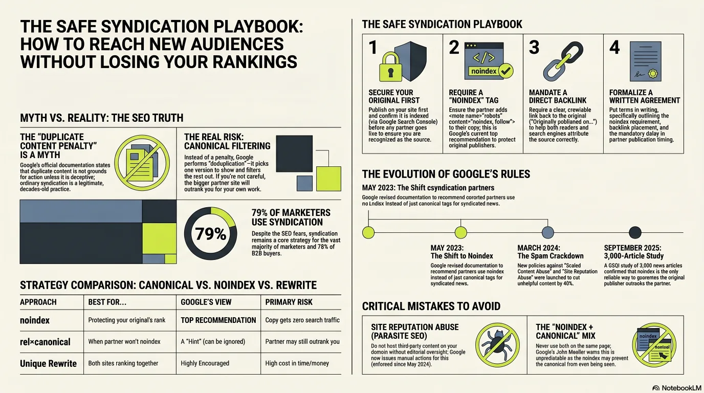 Infographic: the safe syndication playbook, showing the order of operations from publishing the original first and confirming indexing, to the partner adding a noindex tag, requiring a backlink, and documenting the terms in a syndication agreement