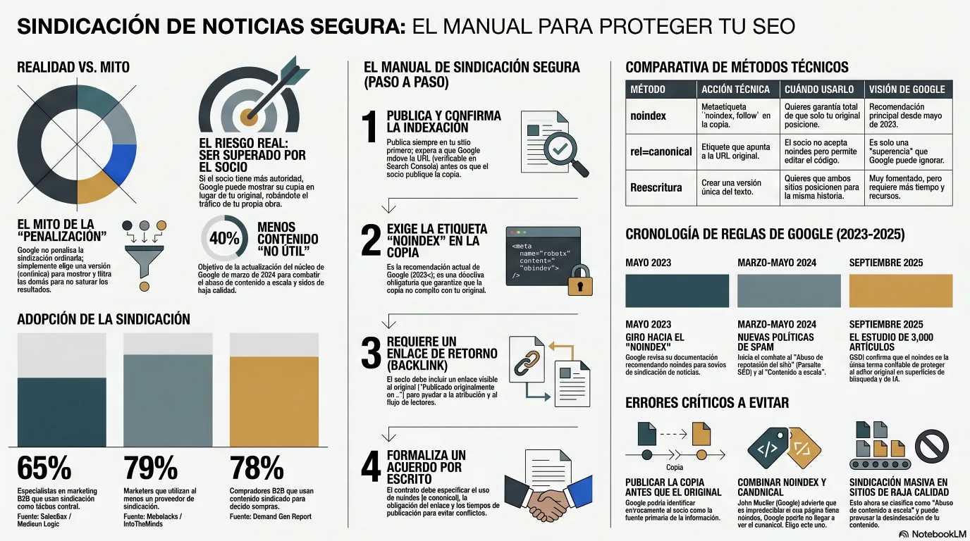 Infografía: el manual de sindicación segura, mostrando el orden de operaciones desde publicar primero el original y confirmar la indexación, hasta que el socio añade una etiqueta noindex, exigir un enlace de retorno y documentar los términos en un acuerdo de sindicación