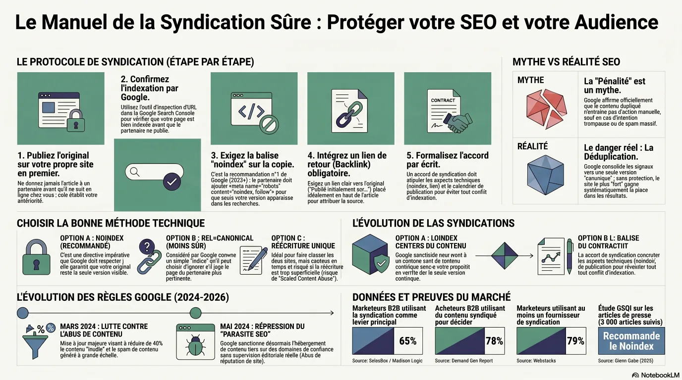 Infographie : le guide de syndication sûre, montrant l'ordre des opérations de la publication de l'original en premier et la confirmation de l'indexation, à l'ajout d'une balise noindex par le partenaire, l'exigence d'un lien retour et la documentation des termes dans un accord de syndication