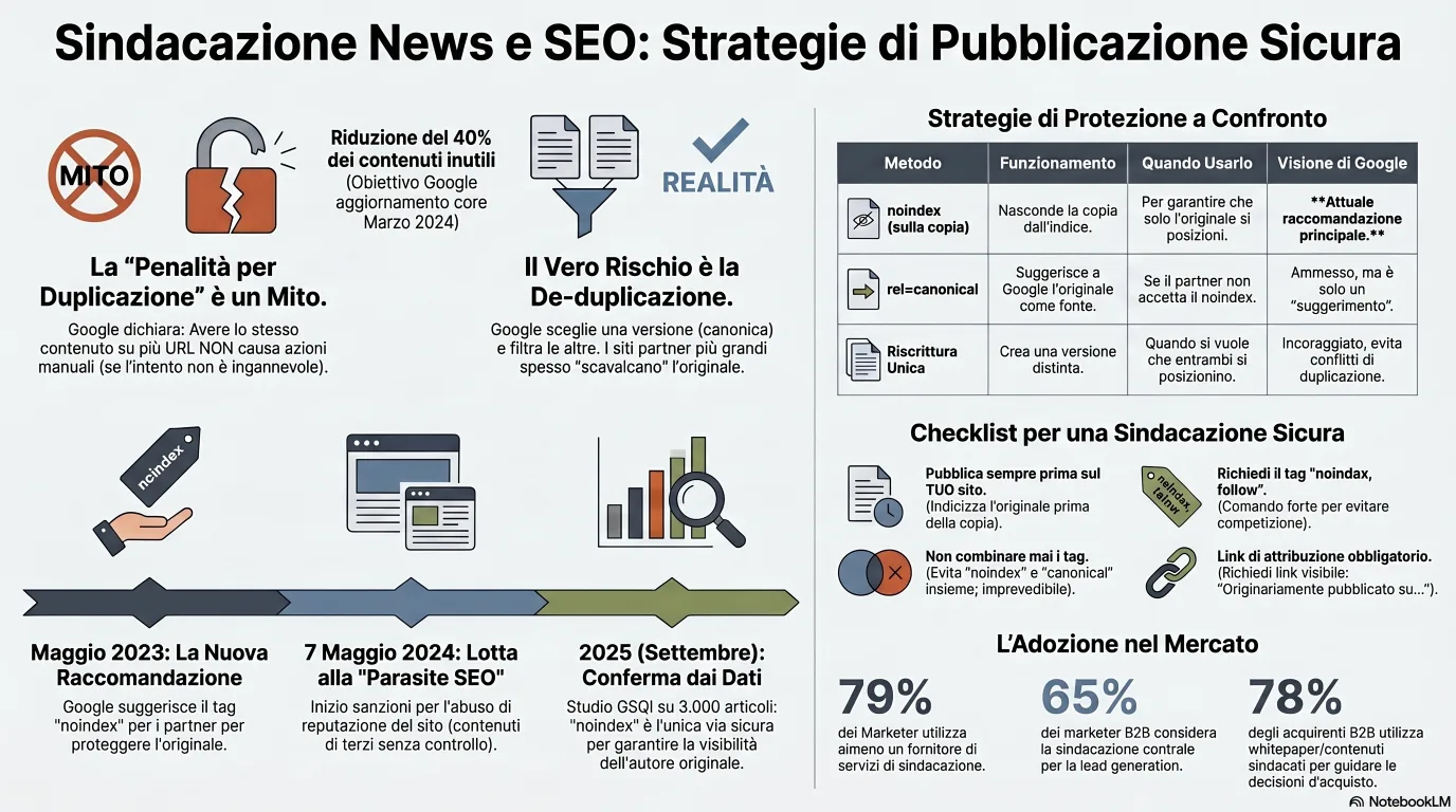 Infografica: il manuale di sindacazione sicura, che mostra l'ordine delle operazioni dal pubblicare l'originale per primo e confermare l'indicizzazione, all'aggiunta di un tag noindex da parte del partner, esigere un link di ritorno e documentare i termini in un accordo di sindacazione