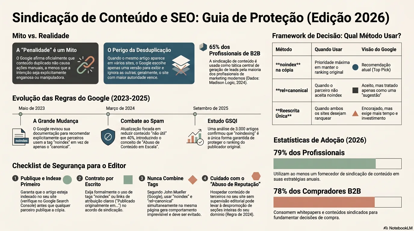 Infografia: o manual de sindicação segura, mostrando a ordem das operações desde publicar o original primeiro e confirmar a indexação, até o parceiro adicionar uma etiqueta noindex, exigir uma ligação de volta e documentar os termos num acordo de sindicação