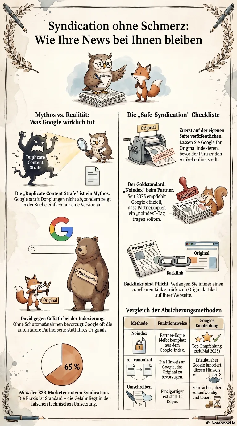 Infografik: die Syndizierungs-Landschaft von 2024 bis 2026, die den stetigen Schub hin zu noindex auf syndizierten Kopien den neuen Spam-Richtlinien von März 2024 gegenüberstellt, Missbrauch im großen Maßstab und Missbrauch der Website-Reputation, die das Empfangen syndizierter Inhalte riskanter machten