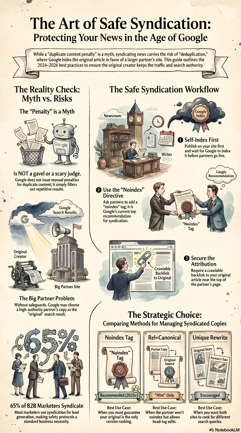 Infographic: the 2024 to 2026 syndication landscape, contrasting the steady push toward noindex on syndicated copies with the new March 2024 spam policies of scaled content abuse and site reputation abuse that made receiving syndicated content riskier