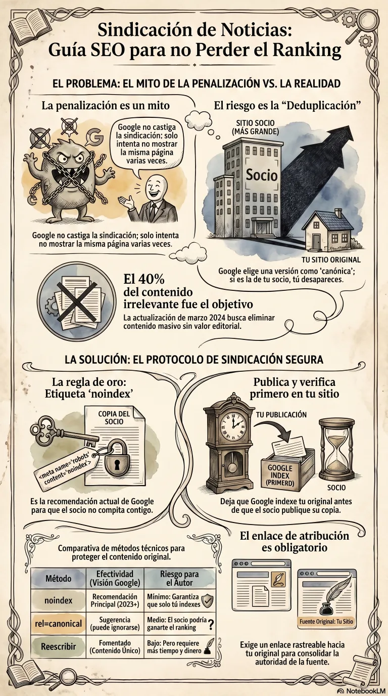 Infografía: el panorama de la sindicación de 2024 a 2026, contrastando el empuje constante hacia el noindex en las copias sindicadas con las nuevas políticas de spam de marzo de 2024, el abuso de contenido a escala y el abuso de reputación del sitio, que hicieron más arriesgado recibir contenido sindicado