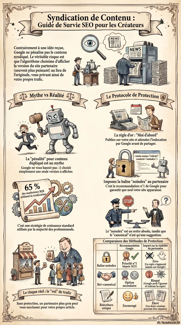 Infographie : le paysage de la syndication de 2024 à 2026, opposant la poussée constante vers le noindex sur les copies syndiquées aux nouvelles politiques anti-spam de mars 2024, l'abus de contenu à grande échelle et l'abus de réputation de site, qui ont rendu plus risqué le fait de recevoir du contenu syndiqué