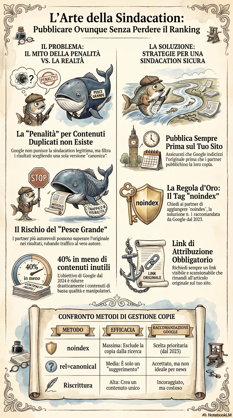 Infografica: il panorama della sindacazione dal 2024 al 2026, che contrappone la spinta costante verso il noindex sulle copie sindacate alle nuove policy anti-spam di marzo 2024, l'abuso di contenuti su larga scala e l'abuso di reputazione del sito, che hanno reso più rischioso ricevere contenuti sindacati
