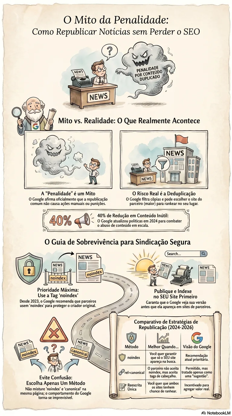 Infografia: o panorama da sindicação de 2024 a 2026, contrastando o empurrão constante para o noindex nas cópias sindicadas com as novas políticas de spam de março de 2024, o abuso de conteúdo em escala e o abuso de reputação do site, que tornaram mais arriscado receber conteúdo sindicado