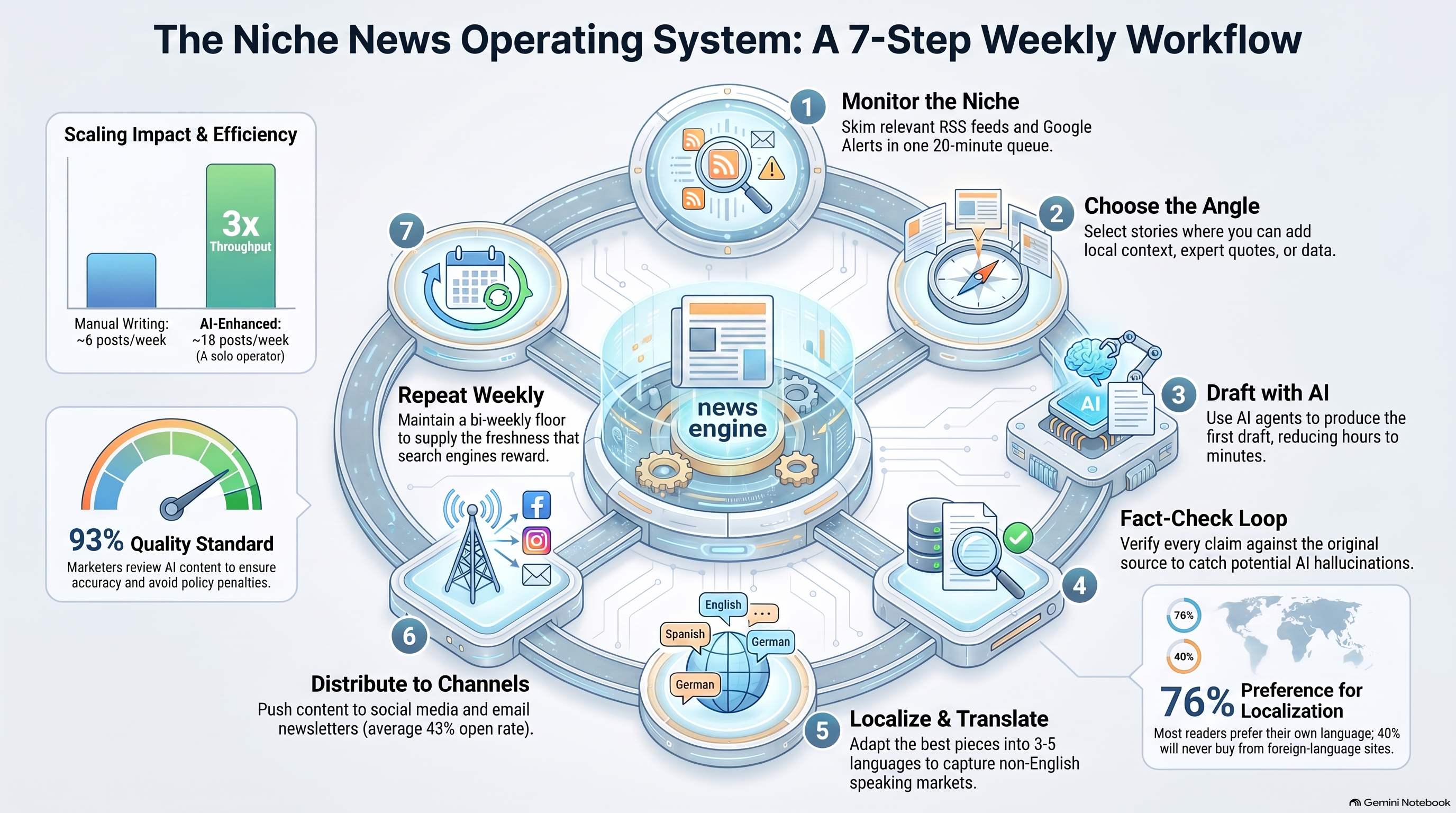 The 7-step operating system for publishing niche news at scale: monitor, angle, draft, fact-check, localize, distribute, repeat