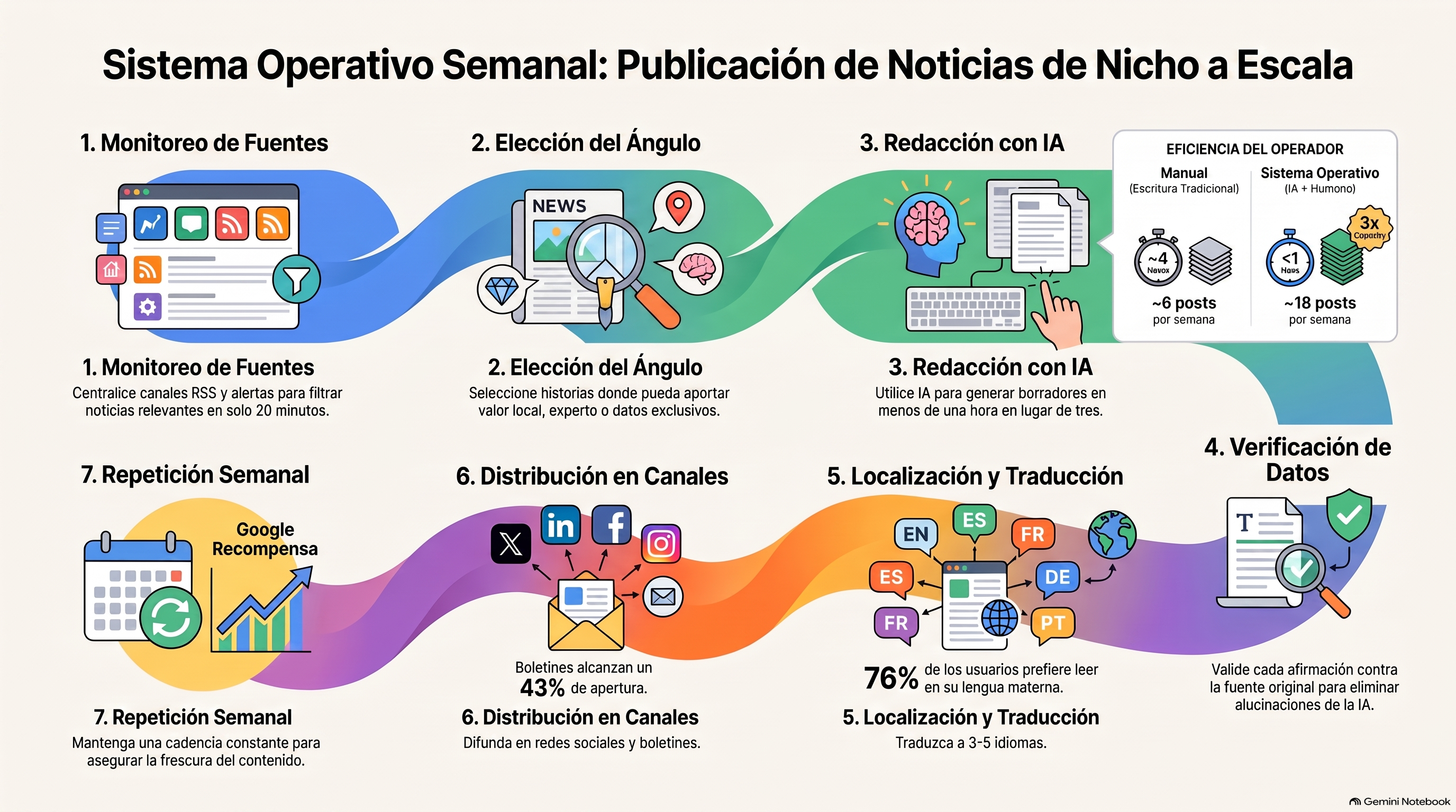 El sistema operativo de 7 pasos para publicar noticias de nicho a escala: monitoriza, enfoque, redacta, verifica, localiza, distribuye, repite