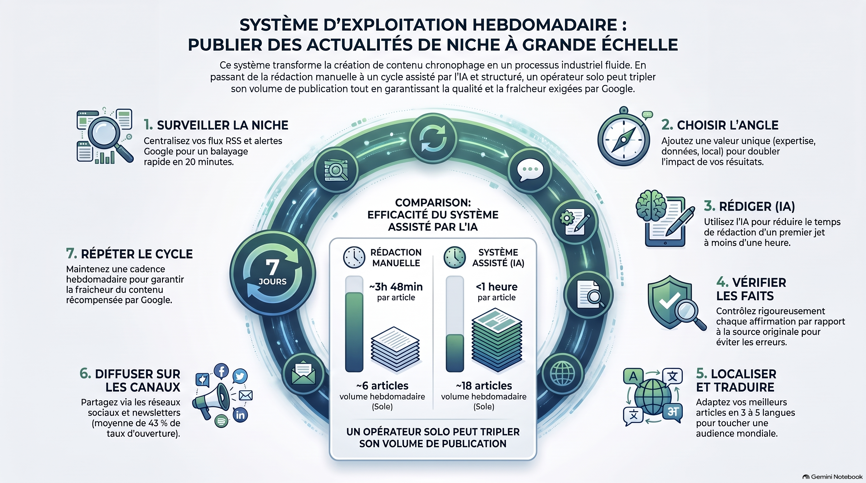 Le système d'exploitation en 7 étapes pour publier des actualités de niche à grande échelle : surveiller, angle, rédiger, vérifier les faits, localiser, diffuser, répéter