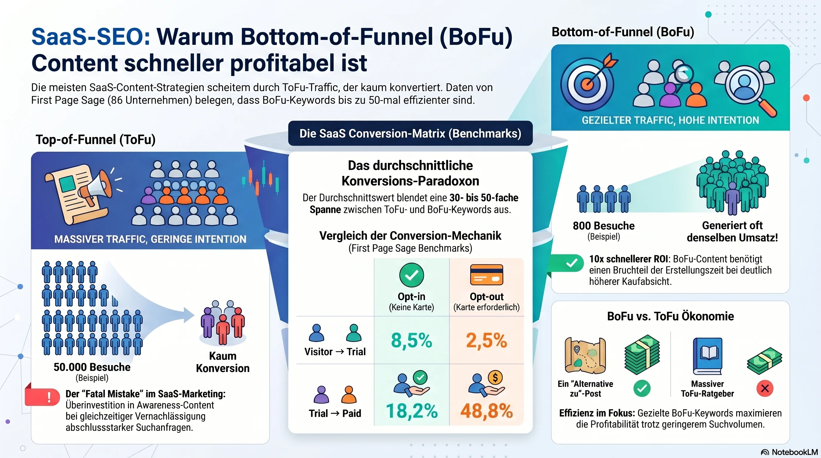 Visuelle Matrix: SaaS-Funnel-Ökonomie — BoFu- vs. ToFu-Konversionsraten aus dem First-Page-Sage-Benchmark mit 86 Unternehmen