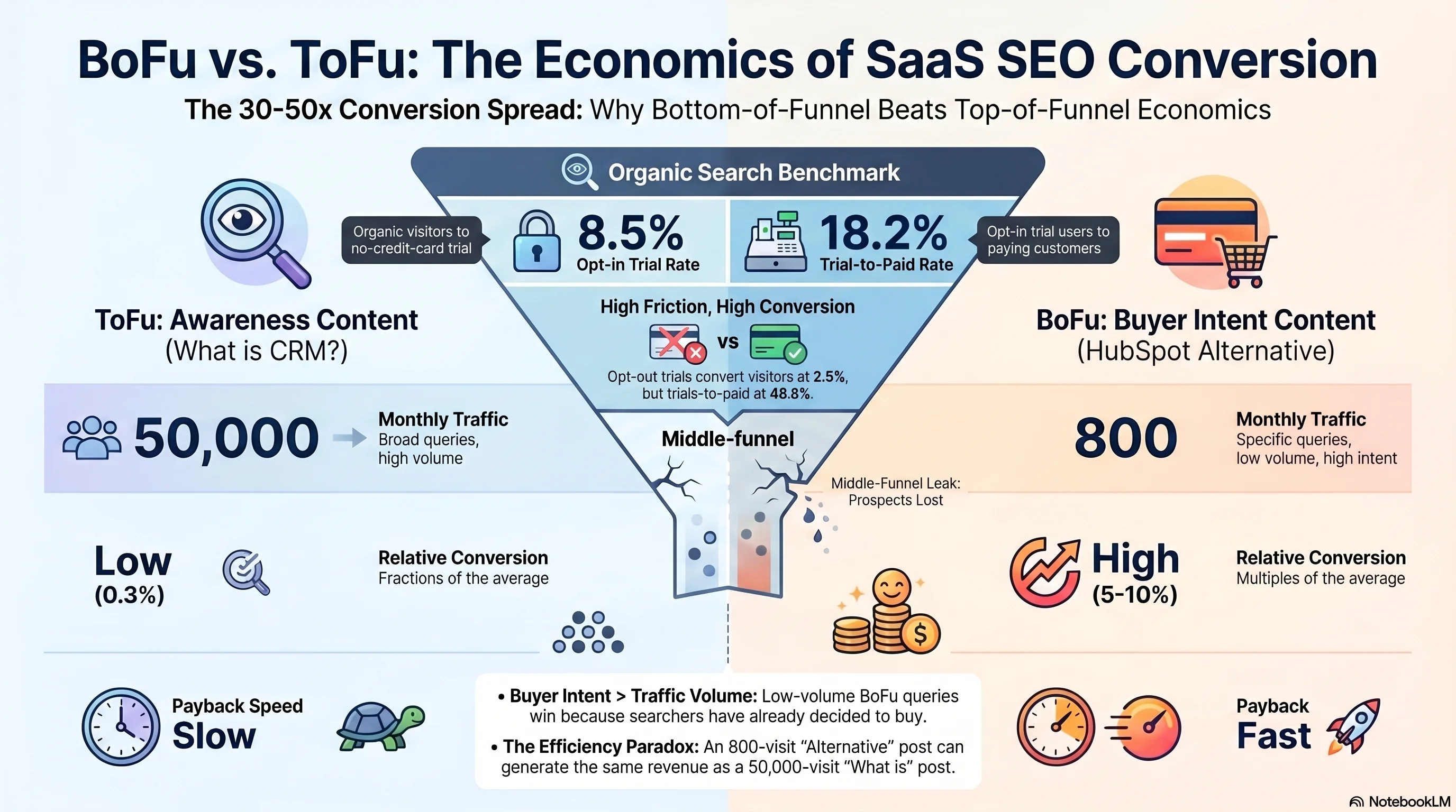 Visual matrix: SaaS funnel economics — BoFu vs ToFu conversion rates from the First Page Sage 86-company benchmark