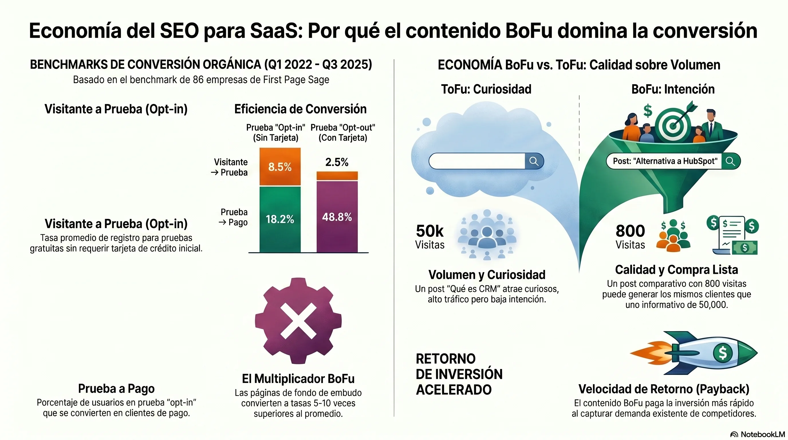 Matriz visual: economía del funnel SaaS — tasas de conversión BoFu vs ToFu del benchmark de First Page Sage con 86 empresas