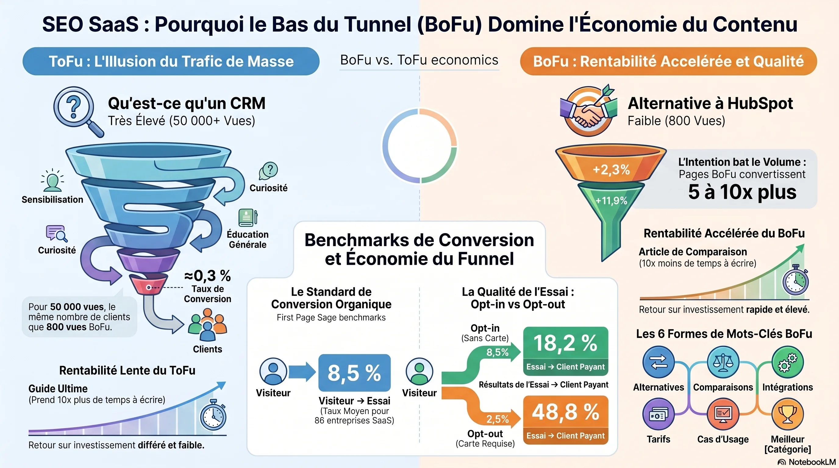 Matrice visuelle : économie du funnel SaaS — taux de conversion BoFu vs ToFu issus du benchmark First Page Sage sur 86 entreprises