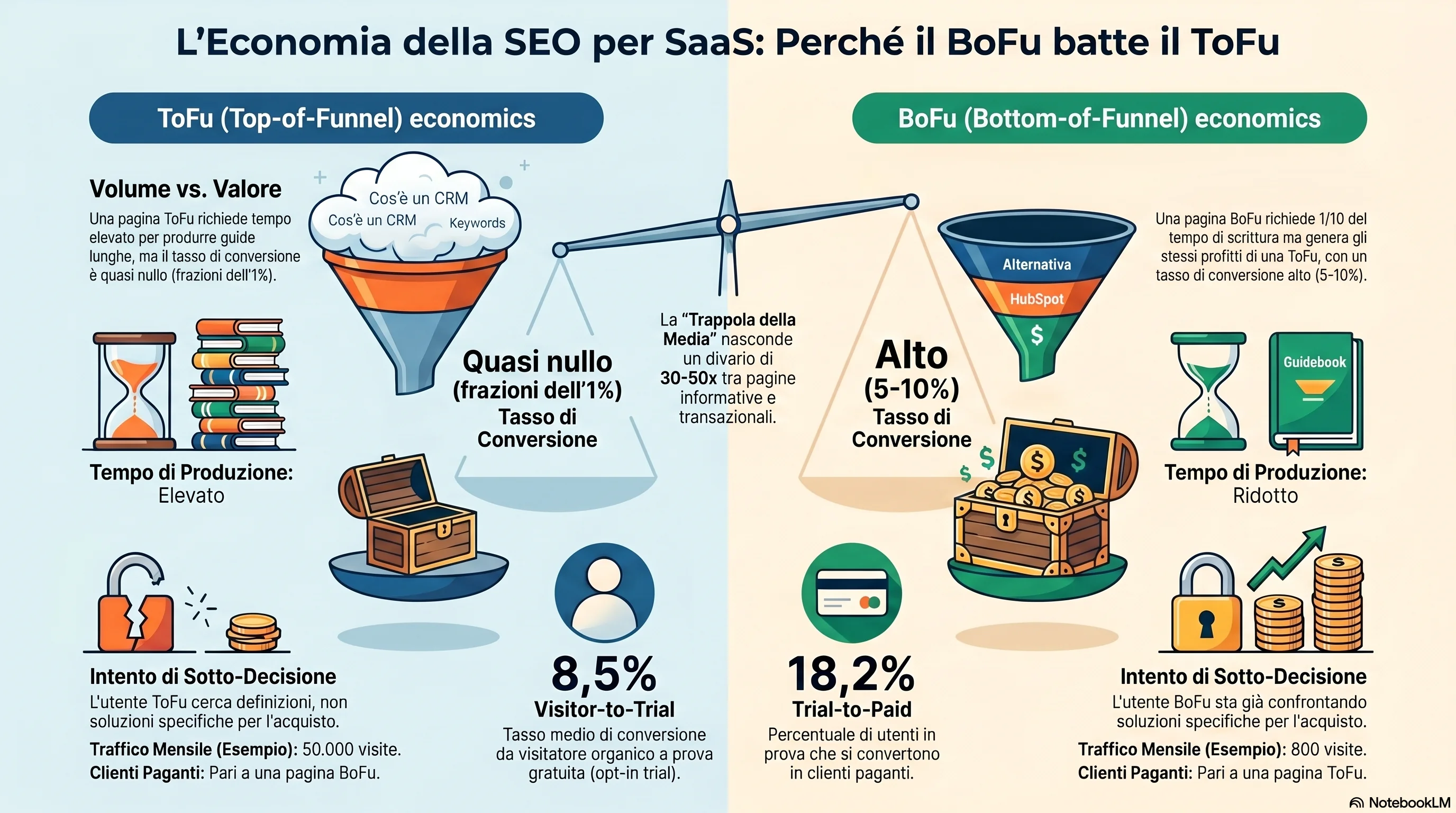 Matrice visiva: economia del funnel SaaS — tassi di conversione BoFu vs ToFu dal benchmark di First Page Sage su 86 aziende