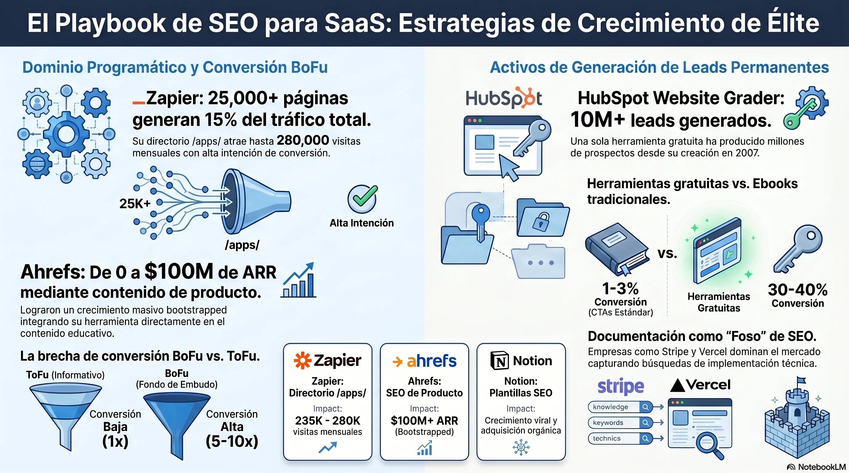 Resultados de casos: Zapier 25K+ páginas /apps/, HubSpot Website Grader 10M+ leads, Ahrefs $100M+ ARR — SEO programático y de herramientas gratuitas a escala