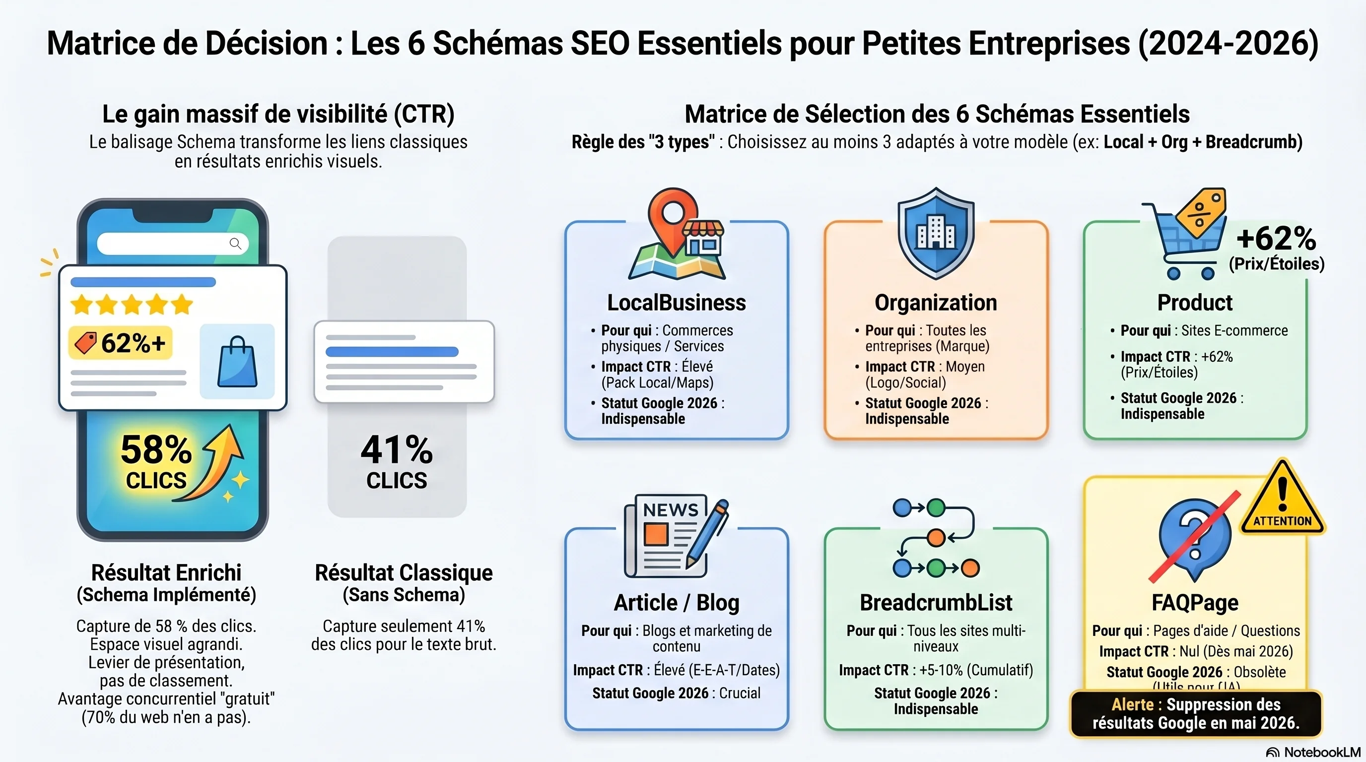 Infographie : les 6 types de schema indispensables aux TPE/PME (LocalBusiness, Organization, Product, FAQPage, Article/BlogPosting, BreadcrumbList) avec qui en a besoin, le statut Google 2026 et l'impact CTR