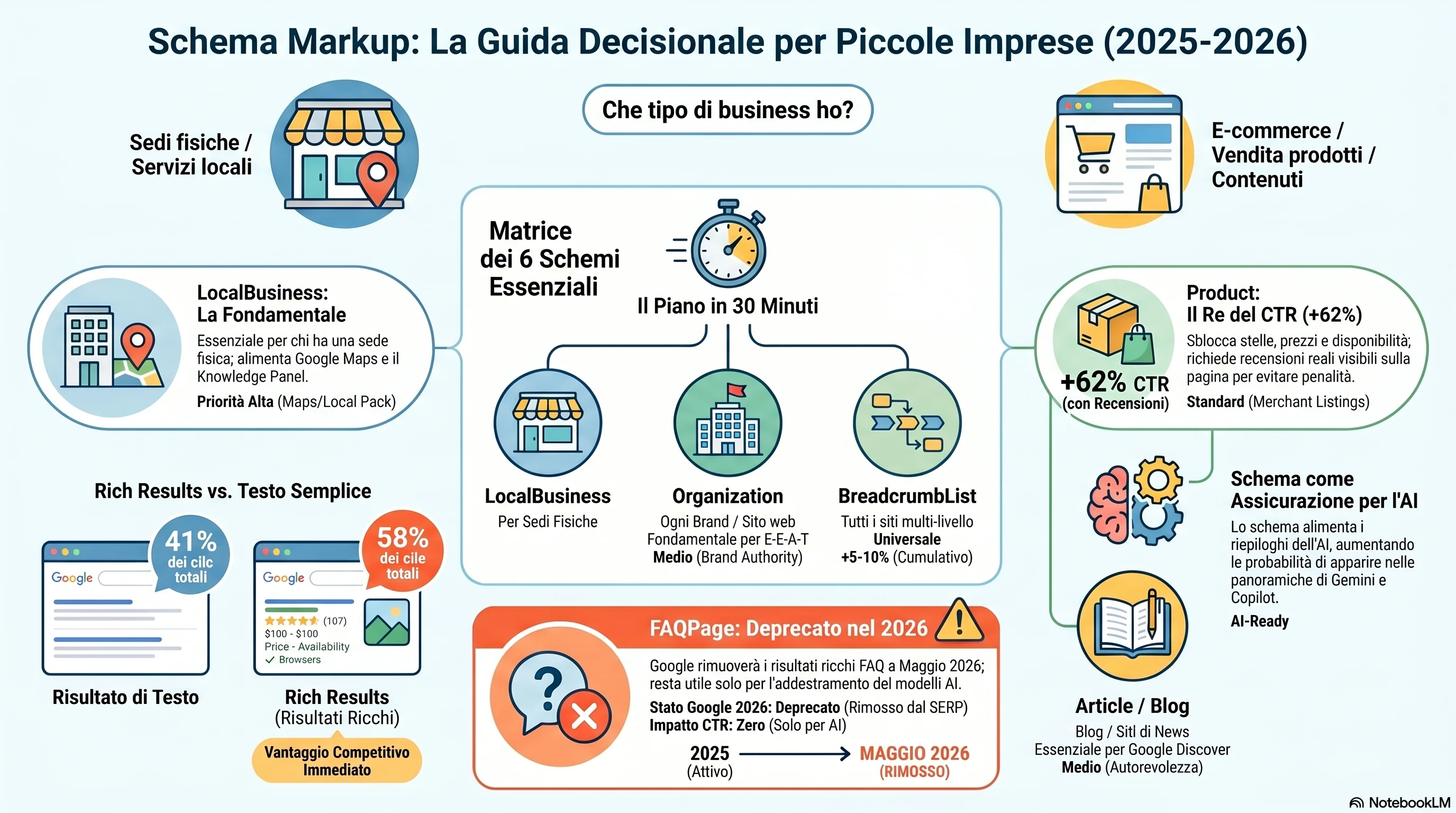 Infografica: i 6 tipi di schema essenziali per le PMI (LocalBusiness, Organization, Product, FAQPage, Article/BlogPosting, BreadcrumbList) con chi ne ha bisogno, stato Google 2026 e impatto CTR