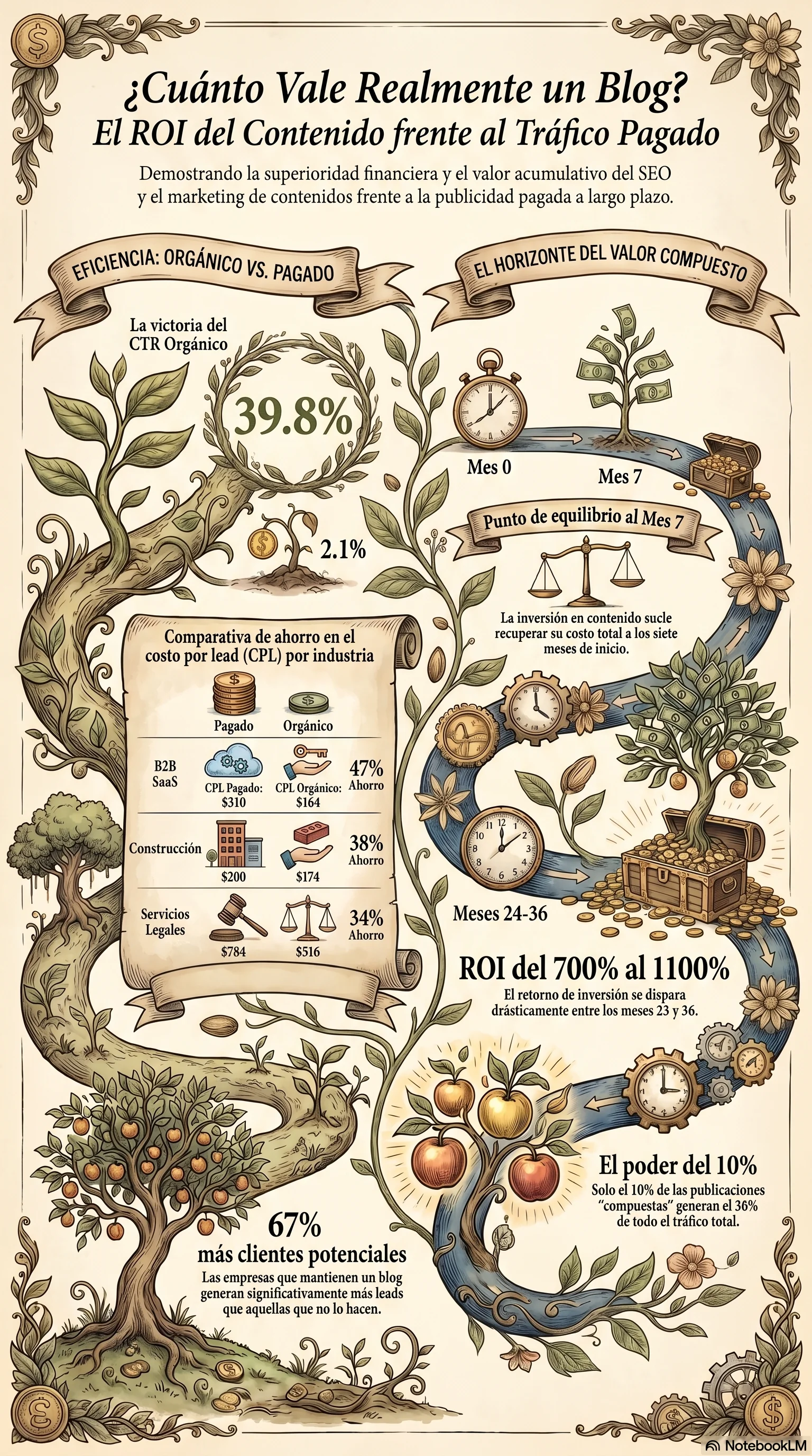 Infografía comparativa de generación de leads mostrando coste por lead por industria para canales orgánicos vs de pago, con cronología del ROI del marketing de contenidos