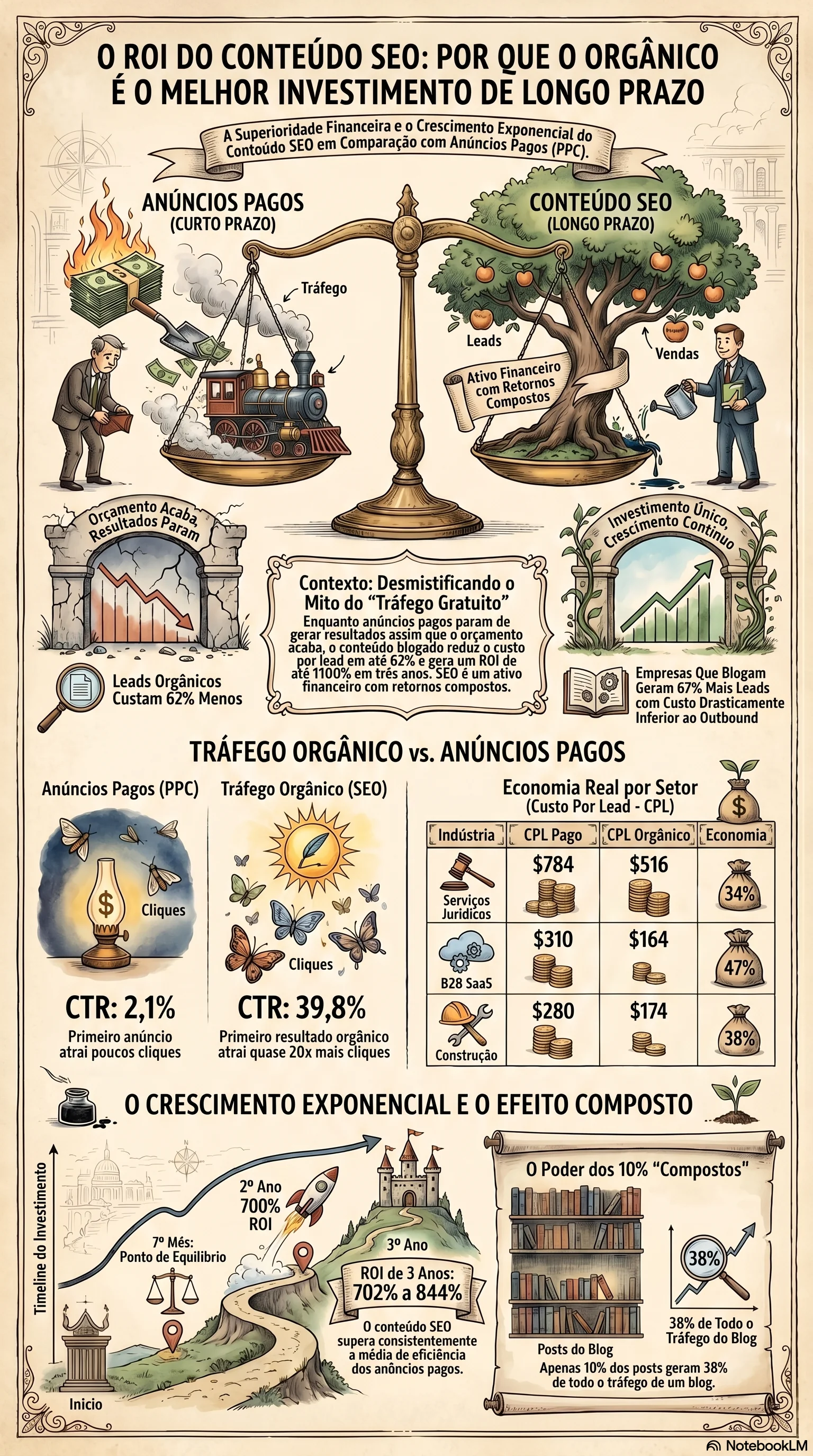 Infográfico de comparação de geração de leads mostrando custo por lead por setor para canais orgânicos vs pagos, com cronologia do ROI de marketing de conteúdo