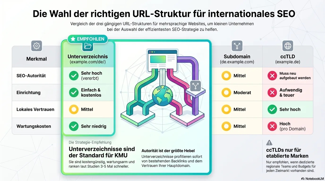 Infografik: URL-Strukturen für internationales SEO (Unterverzeichnis, Subdomain, ccTLD) und ihre Vor- und Nachteile