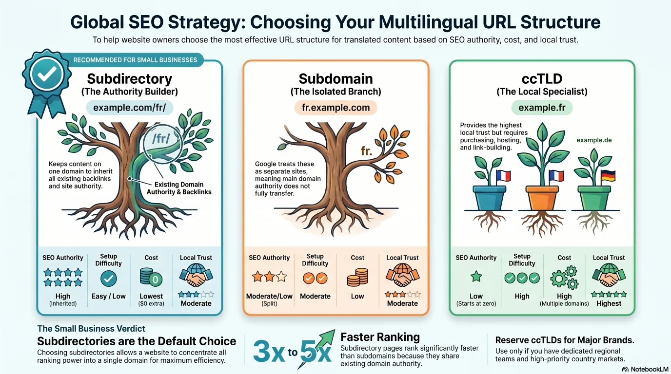 Infographic comparing the three multilingual URL structures for SEO (subdirectory, subdomain, ccTLD) with their trade-offs for authority, cost and local trust, recommending subdirectories for most small businesses