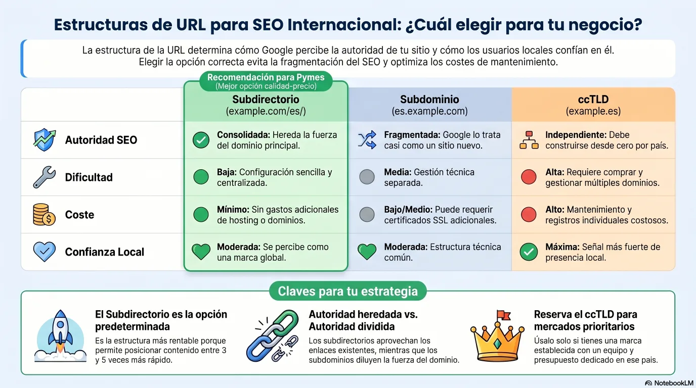 Infografía: estructuras de URL para SEO internacional (subdirectorio, subdominio, ccTLD) y sus ventajas