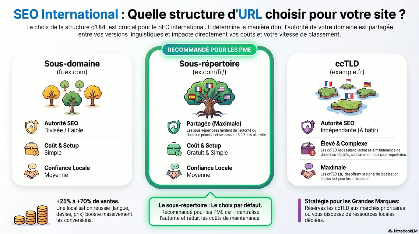 Infographie : structures d'URL pour le SEO international (sous-répertoire, sous-domaine, ccTLD) et leurs compromis