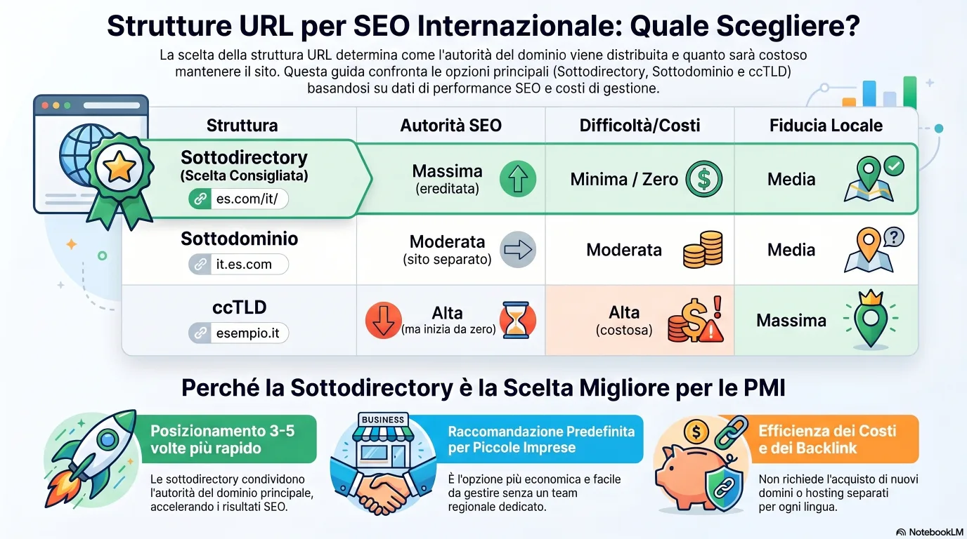 Infografica: strutture URL per la SEO internazionale (sottocartella, sottodominio, ccTLD) e i loro compromessi