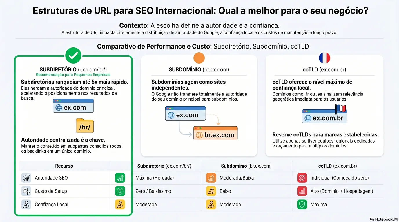 Infográfico: estruturas de URL para SEO internacional (subdiretório, subdomínio, ccTLD) e suas vantagens