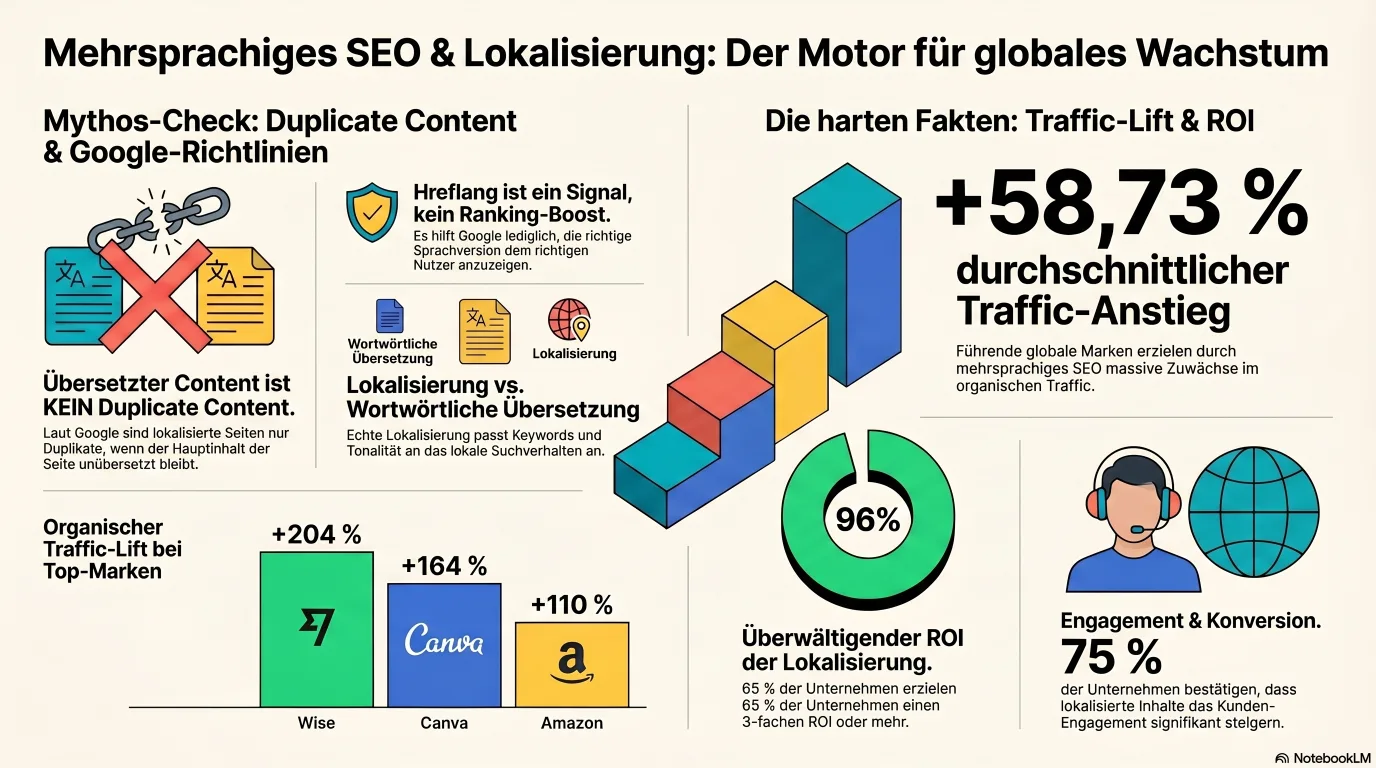 Infografik: Ergebnisse mehrsprachiger SEO (Wise +204%, Durchschnitt +58,73%) und Lokalisierungs-ROI (96% positiver ROI)