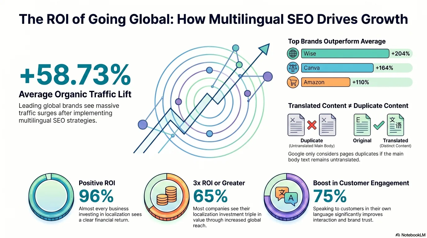 Infographic showing the business results of multilingual SEO: organic traffic lift by brand (Wise +204%, Canva +164%, Amazon +110%, average +58.73%) and localization ROI (96% report positive ROI, 65% report 3x or more)