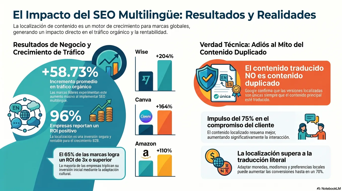 Infografía: resultados de la SEO multilingüe (Wise +204%, media +58,73%) y ROI de la localización (96% ROI positivo)