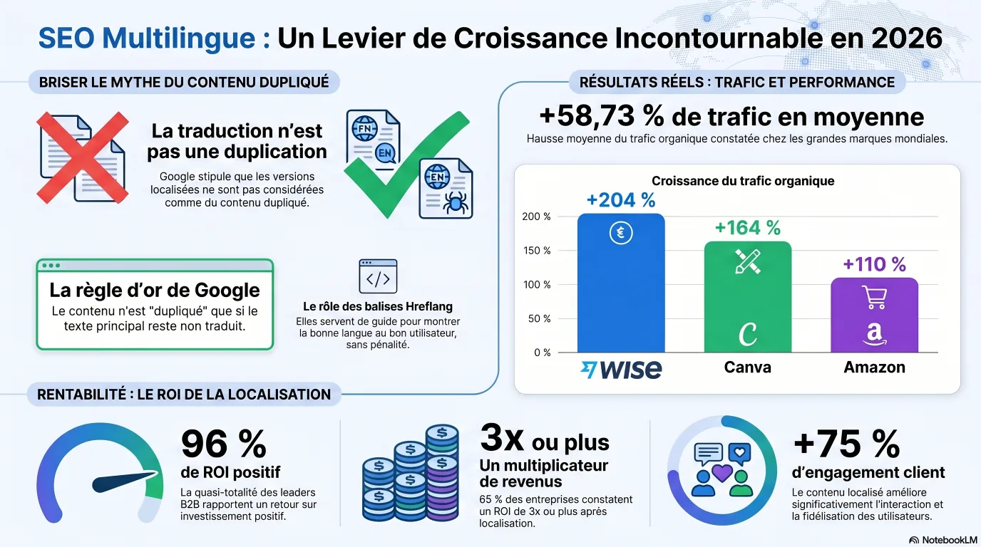 Infographie : résultats du SEO multilingue (Wise +204%, moyenne +58,73%) et ROI de la localisation (96% de ROI positif)