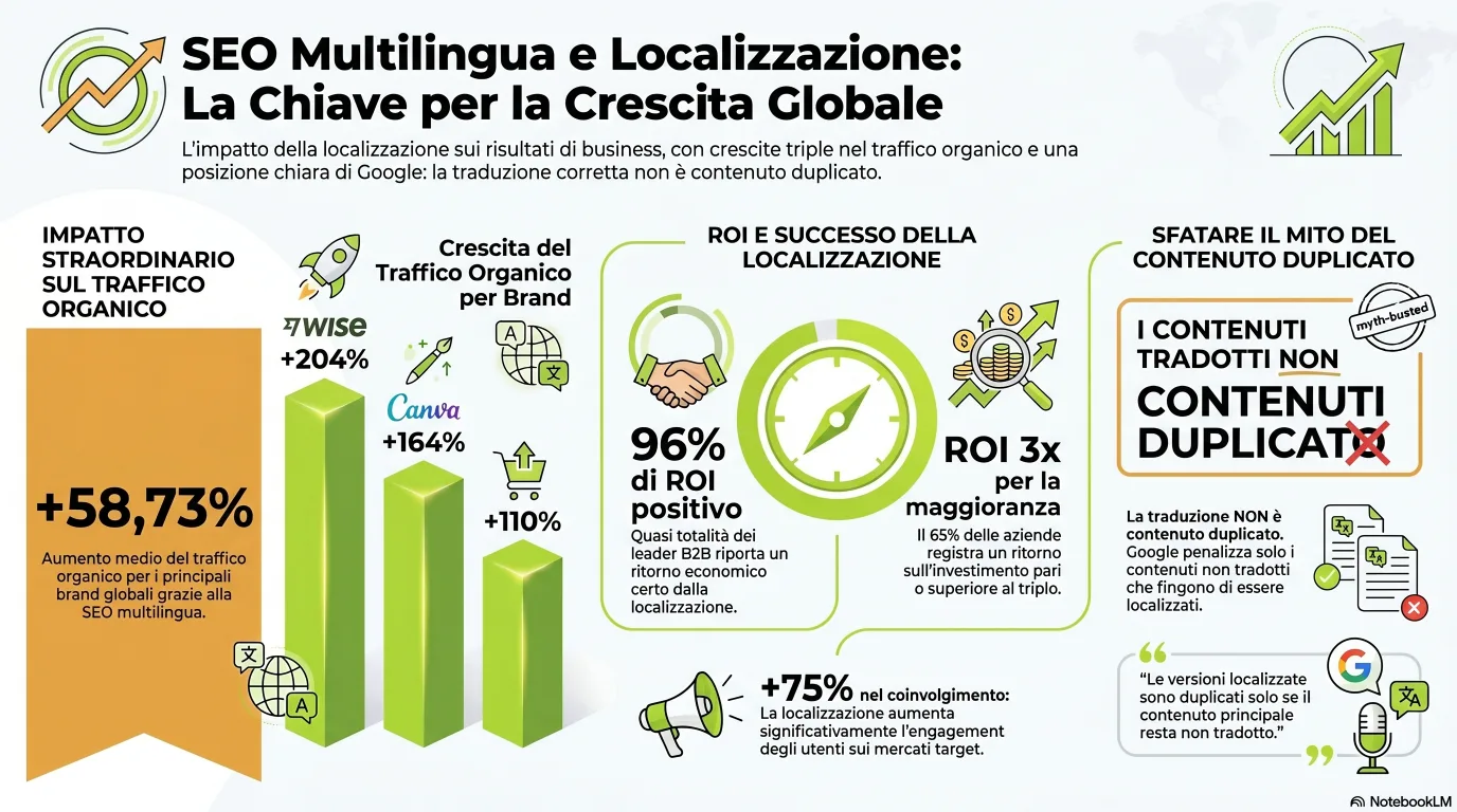 Infografica: risultati della SEO multilingue (Wise +204%, media +58,73%) e ROI della localizzazione (96% ROI positivo)