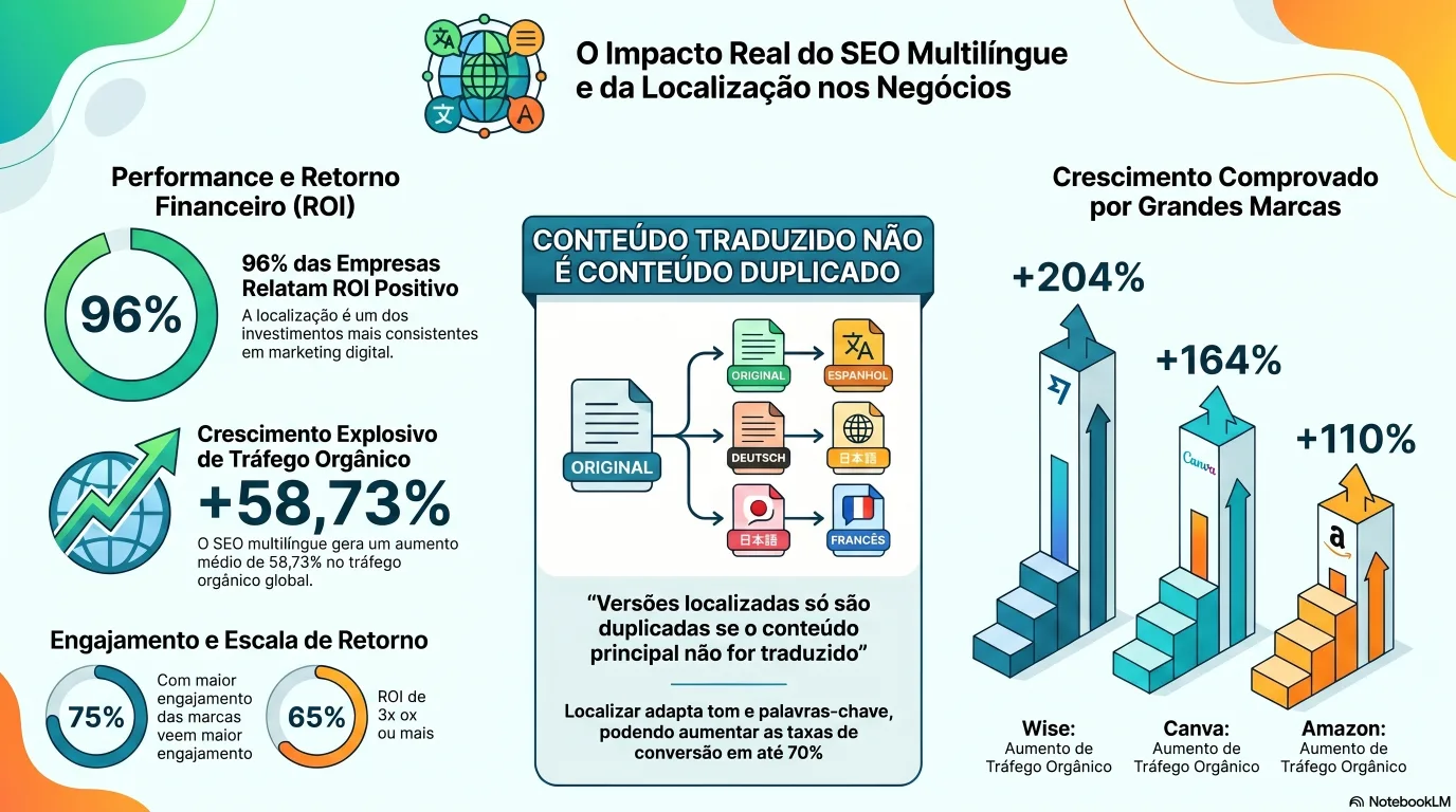 Infográfico: resultados do SEO multilíngue (Wise +204%, média +58,73%) e ROI da localização (96% de ROI positivo)