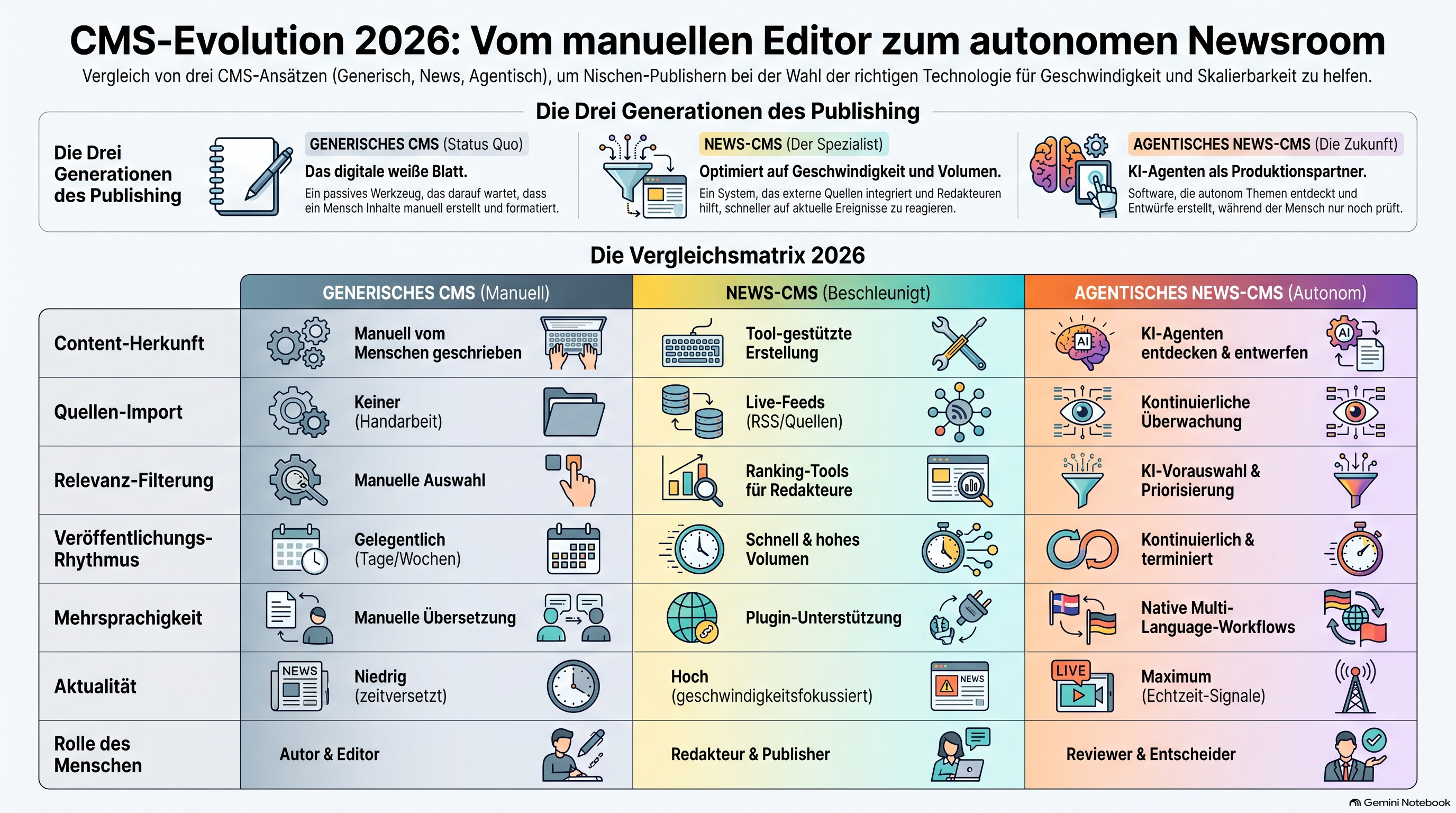 Vergleichs-Infografik mit drei Spalten, einem generischen CMS, in dem ein Mensch jeden Beitrag von Hand schreibt, einem News-CMS, das Live-Feeds aufnimmt und schnell veröffentlicht, und einem agentischen News-CMS, in dem KI-Agenten Meldungen entdecken, entwerfen und veröffentlichen, wobei ein Mensch das Ergebnis freigibt, und veranschaulicht, wie sich die Arbeit über die drei Modelle vom Menschen zur Software verlagert