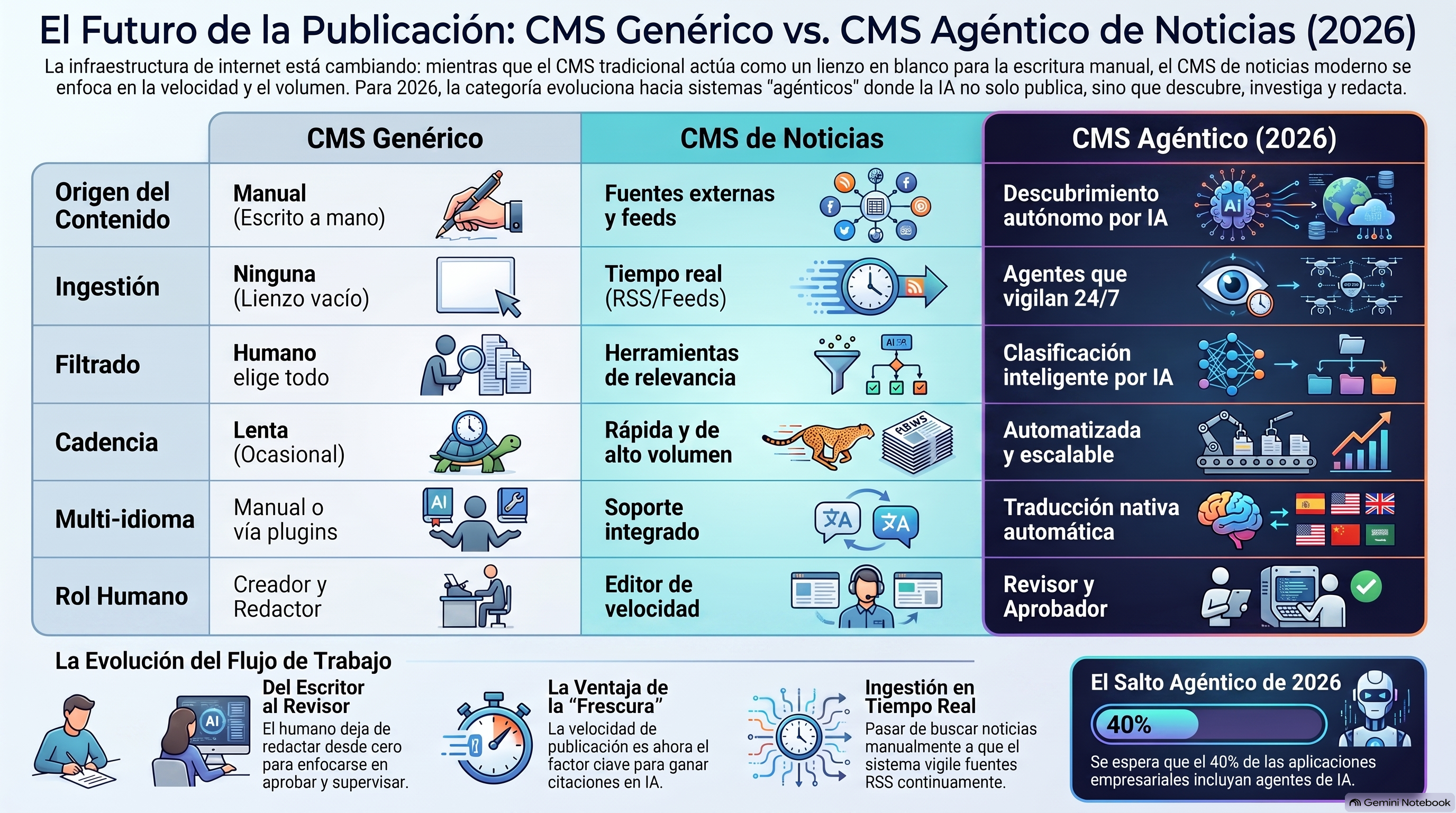 Infografia comparativa que muestra tres columnas, un CMS generico donde una persona escribe cada pieza a mano, un CMS de noticias que ingiere feeds en vivo y publica rapido, y un CMS de noticias agentico donde los agentes de IA descubren, redactan y publican historias con un humano que aprueba el resultado, ilustrando como el trabajo pasa de la persona al software a lo largo de los tres modelos