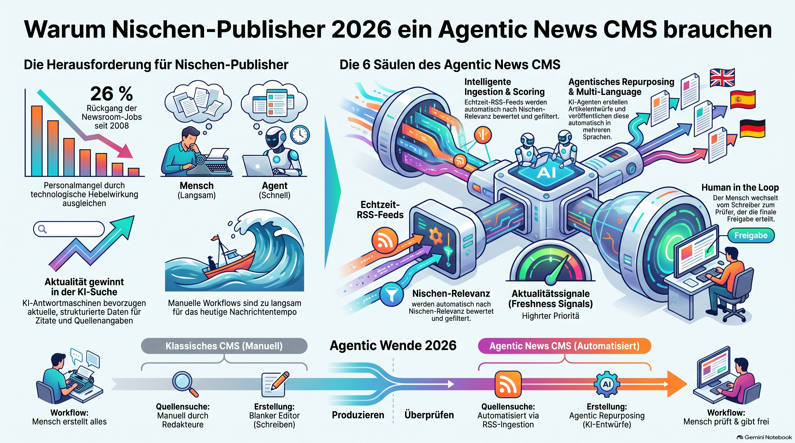 Infografik mit den Fähigkeiten, die ein Content-Management-System zu einem echten News-CMS machen: Echtzeit-RSS-Feed-Aufnahme, Nischen-Relevanzbewertung, agentische Aufbereitung von Quellen zu originellen Artikeln, automatische mehrsprachige Veröffentlichung, Aktualitätssignale, die Zitierungen gewinnen, und ein Mensch in der Schleife, der freigibt, und warum Nischen-Publisher sie 2026 brauchen
