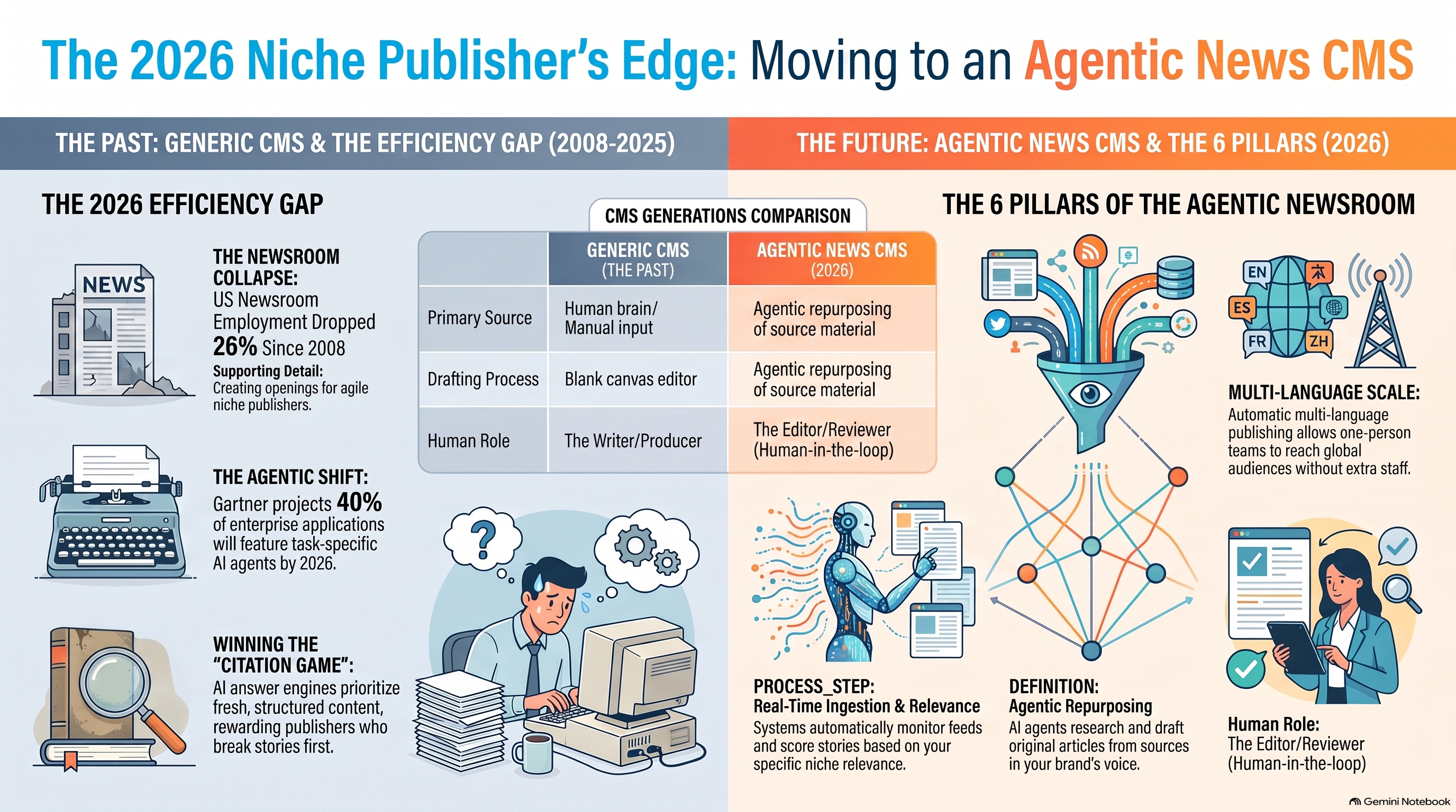 Infographic showing the capabilities that make a content management system a true news CMS: real-time RSS feed ingestion, niche relevance scoring, agentic repurposing of sources into original articles, automatic multi-language publishing, freshness signals that win citations, and a human in the loop who approves, and why niche publishers need them in 2026