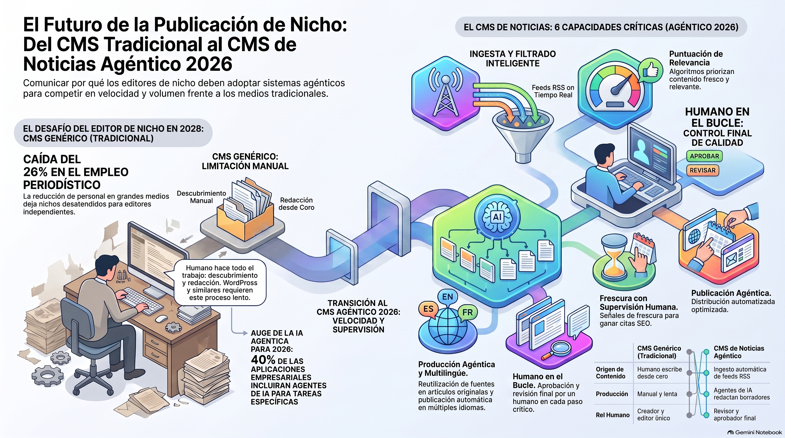 Infografia que muestra las capacidades que convierten a un sistema de gestion de contenidos en un verdadero CMS de noticias: ingesta de feeds RSS en tiempo real, puntuacion de relevancia por nicho, reutilizacion agentica de fuentes en articulos originales, publicacion multilingue automatica, senales de frescura que ganan citas y un humano en el bucle que aprueba, y por que los editores de nicho las necesitan en 2026