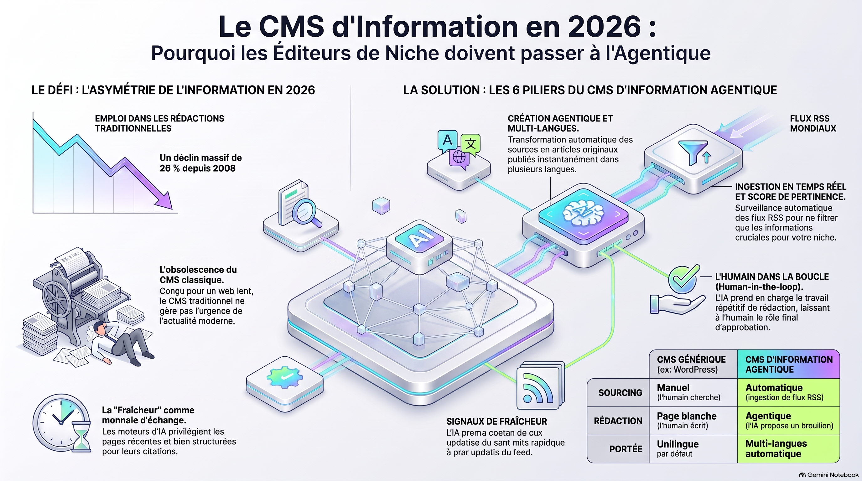 Infographie montrant les capacités qui font d'un système de gestion de contenu un vrai CMS d'actualités : ingestion de flux RSS en temps réel, score de pertinence de niche, reformulation agentique de sources en articles originaux, publication multilingue automatique, signaux de fraîcheur qui gagnent les citations, et un humain dans la boucle qui approuve, et pourquoi les éditeurs de niche en ont besoin en 2026