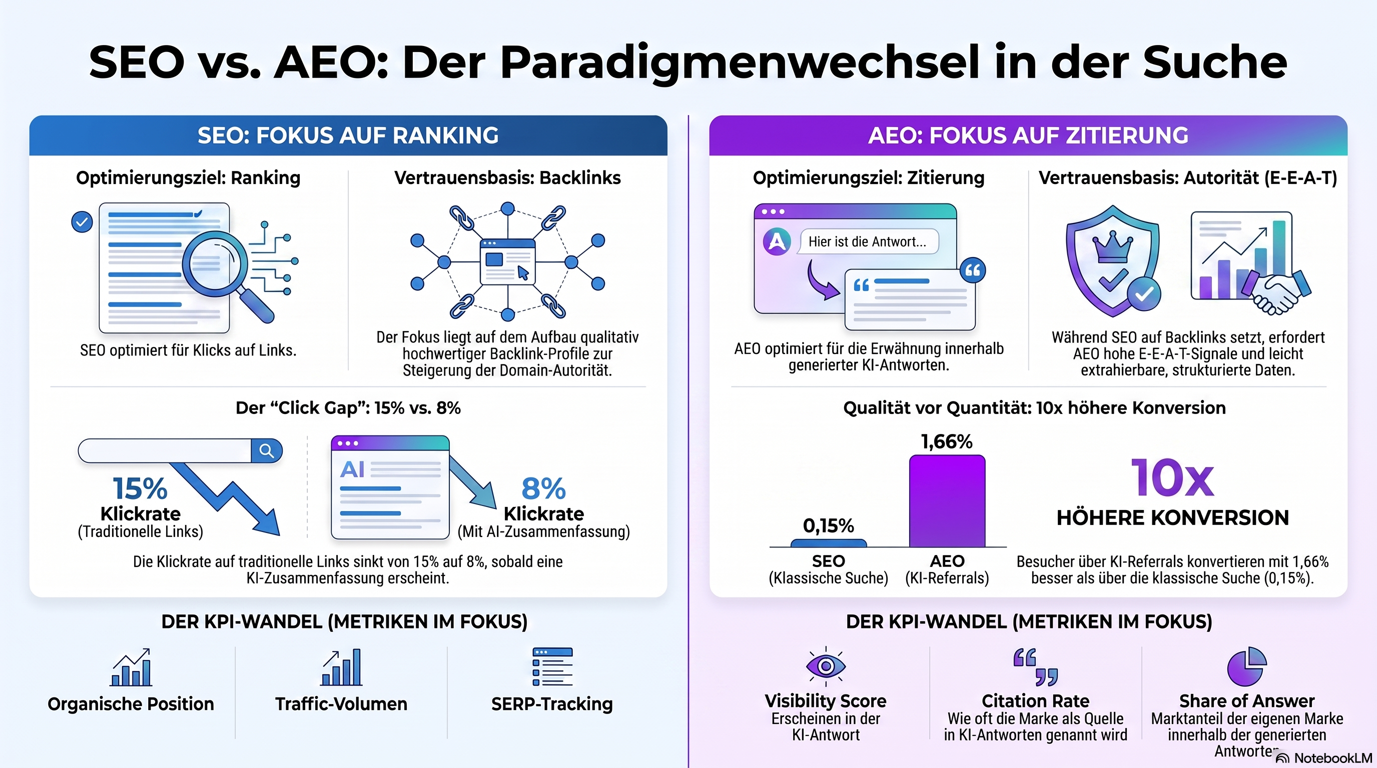 Infografik zum Vergleich von SEO und AEO: SEO optimiert darauf, als anklickbarer Link zu ranken, während AEO darauf optimiert, innerhalb einer KI-Antwort zitiert zu werden