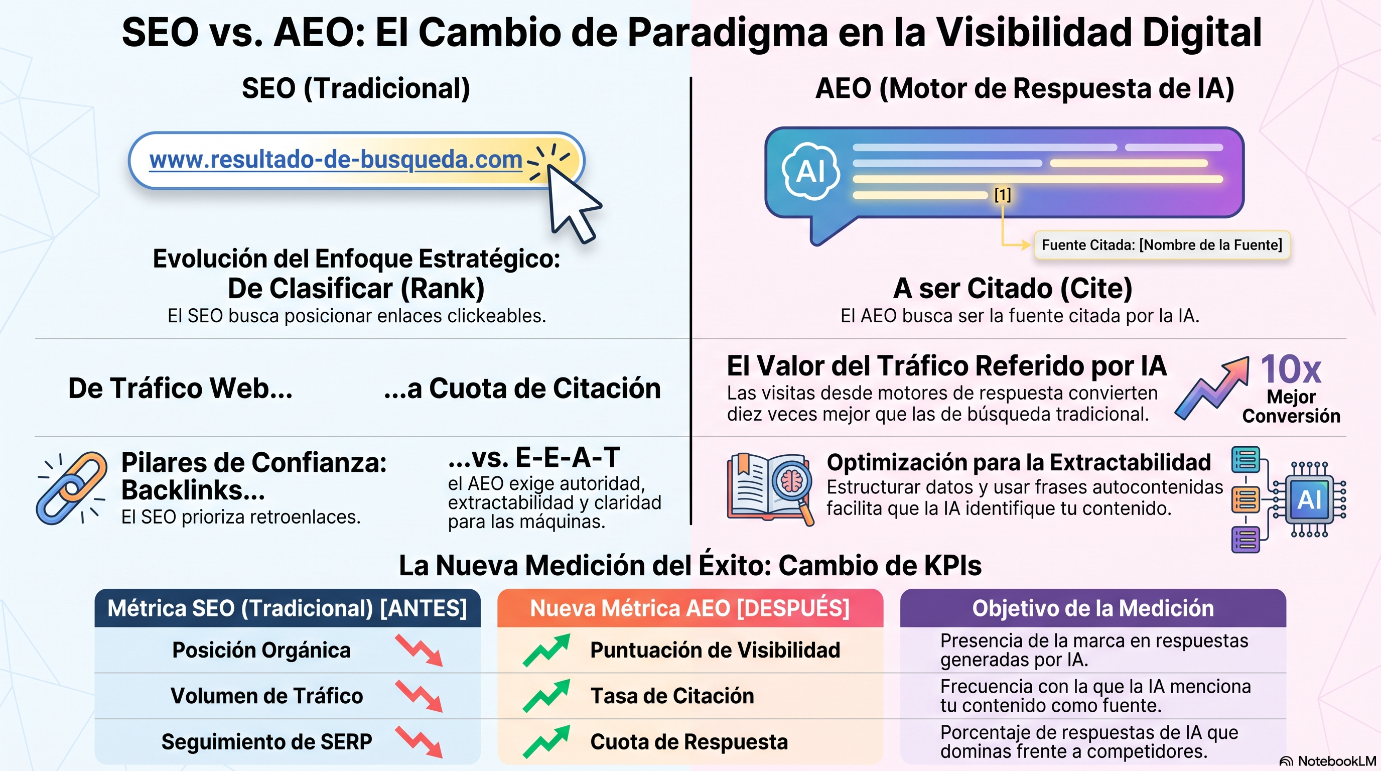 Infografía que compara SEO y AEO: el SEO se optimiza para posicionar como un enlace en el que se hace clic, mientras que la AEO se optimiza para ser citada dentro de una respuesta de IA