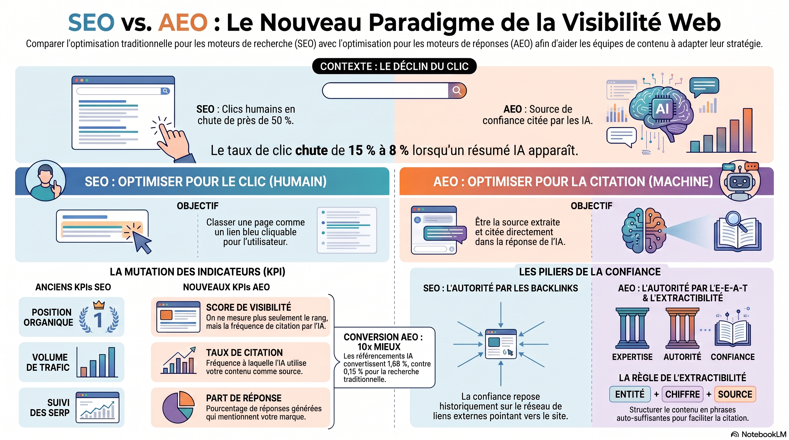 Infographie comparant le SEO et l'AEO : le SEO vise à se classer comme un lien cliquable, tandis que l'AEO vise à être cité à l'intérieur d'une réponse d'IA