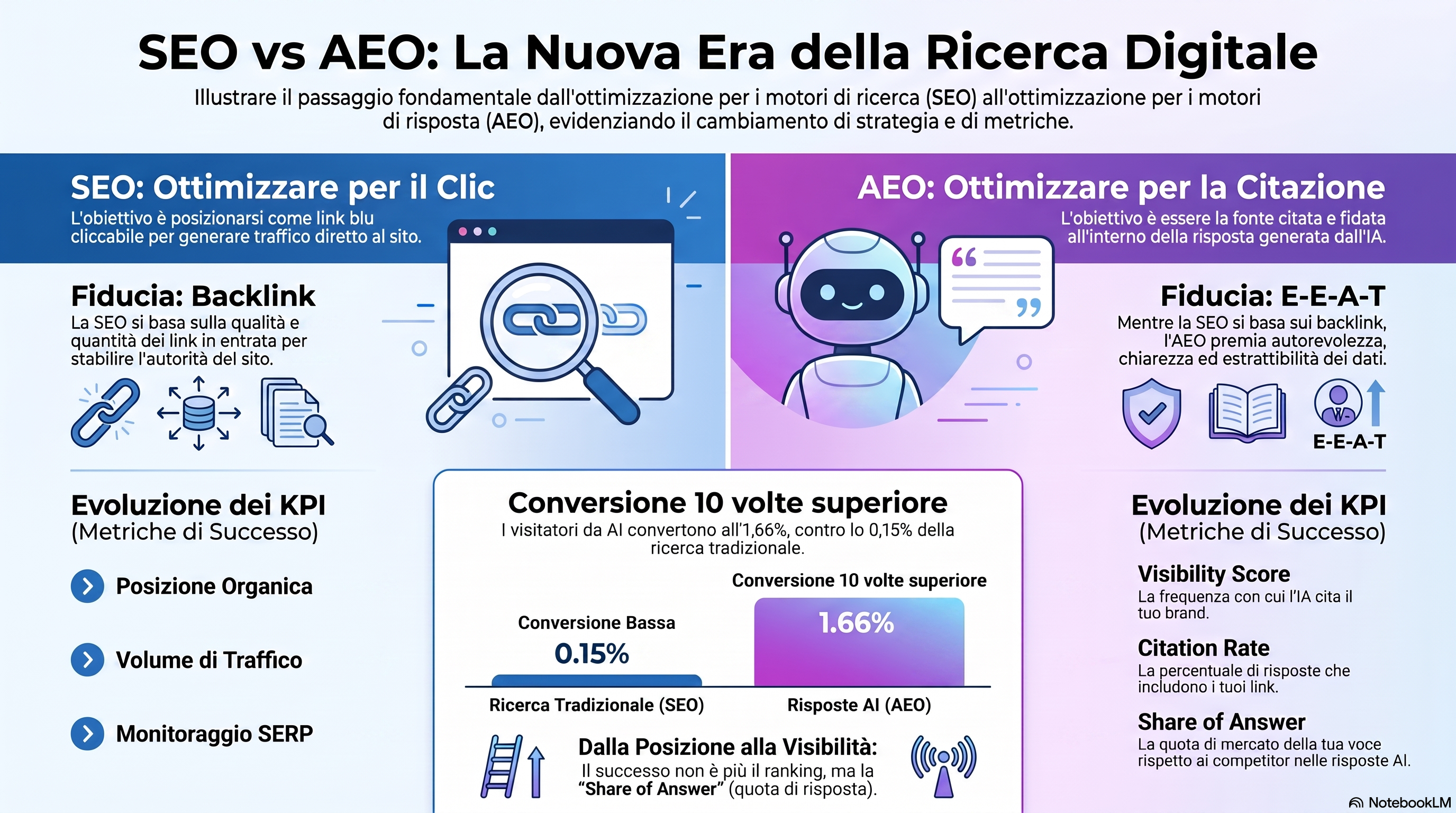 Infografica che confronta SEO e AEO: la SEO ottimizza per posizionarsi come un link cliccabile, mentre l'AEO ottimizza per essere citata all'interno di una risposta di IA